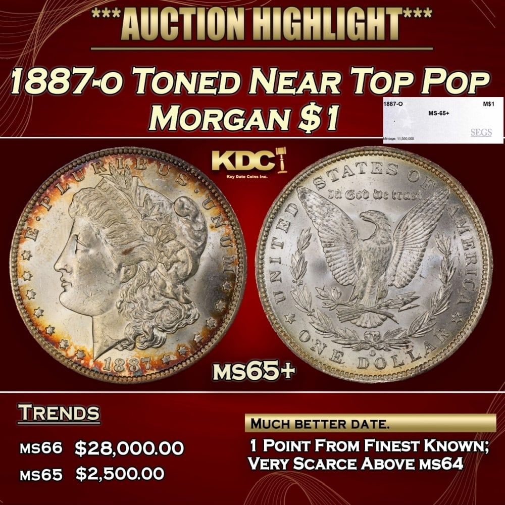 1887-o Morgan Dollar Toned Near Top Pop $1 ms65+ SEGS: 1887-o Toned Near Top Pop Morgan Dollar $1 ms65+ SEGS. 0
