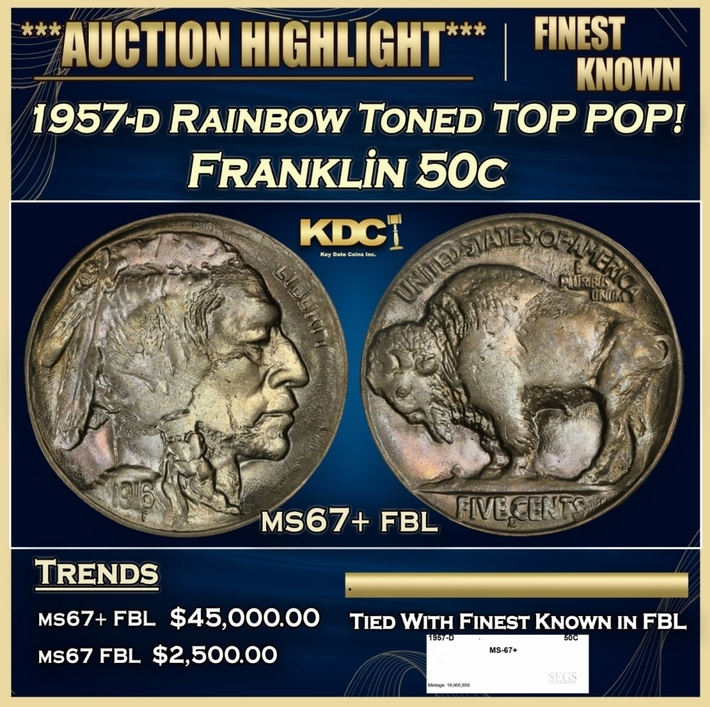 1957-d Franklin Half Dollar Rainbow Toned TOP POP! 50c ms67+ fbl SEGS: 1957-d Rainbow Toned TOP POP! Franklin Half Dollar 50c ms67+ fbl SEGS. 0