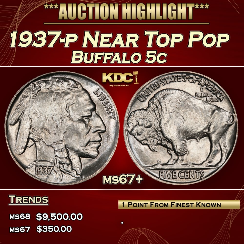 1937-p Buffalo Nickel Near Top Pop 5c ms67+ SEGS: 1937-p Near Top Pop Buffalo Nickel 5c ms67+ SEGS. 0