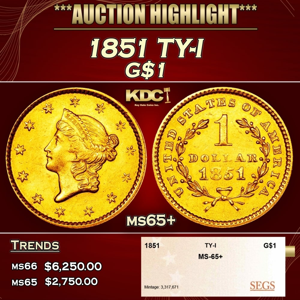 1851 Gold Dollar TY-I $1 ms65+ SEGS: 1851 TY-I Gold Dollar $1 ms65+ SEGS. 0