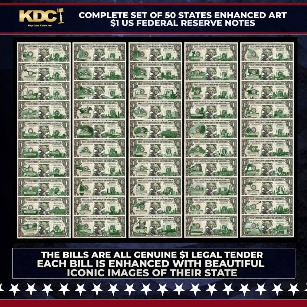 Complete Set of 50 States Enhanced Art $1 US Federal Reserve Notes (The Bills Are Real) Other Toy: Complete Set of 50 States Enhanced Art $1 US Federal Reserve Notes (The Bills Are Real). Here's your chance to possess a complete set of fifty (50) STATE uncirculated one-dollar bills, each with magni