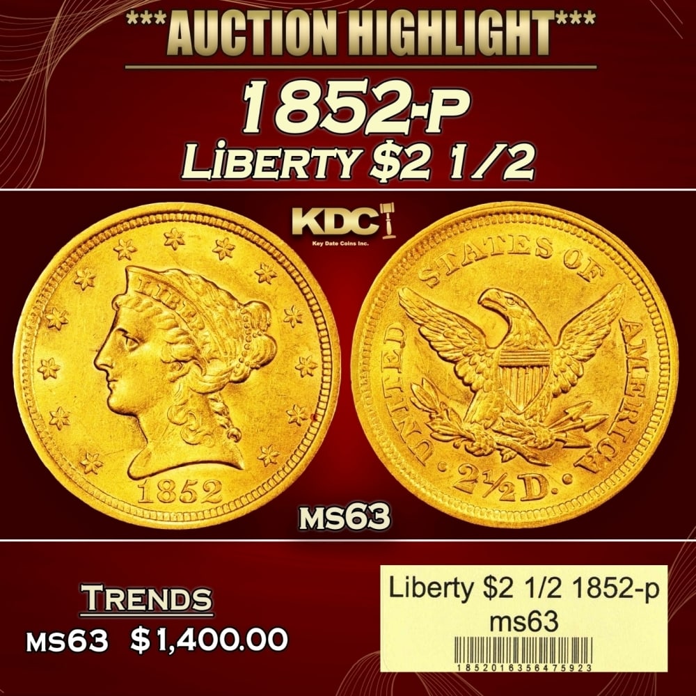 1852-p Gold Liberty Quarter Eagle $2 1/2 ms63 USCG: 1852-p Gold Liberty Quarter Eagle $2 1/2 ms63 USCG. 0
