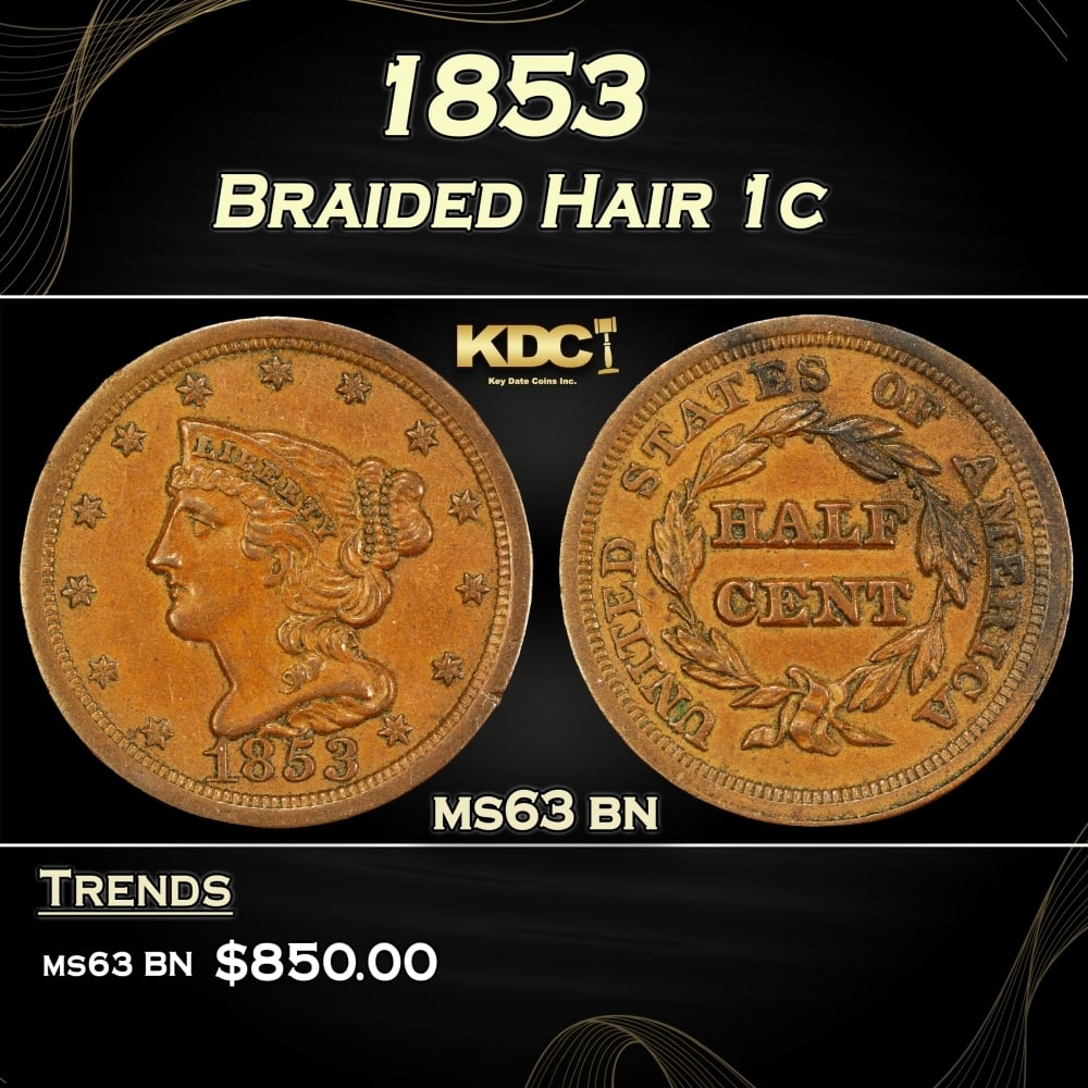 1853 Braided Hair Large Cent 1c Grades ms63 bn: 1853 Braided Hair Large Cent 1c Grades ms63 bn. 0