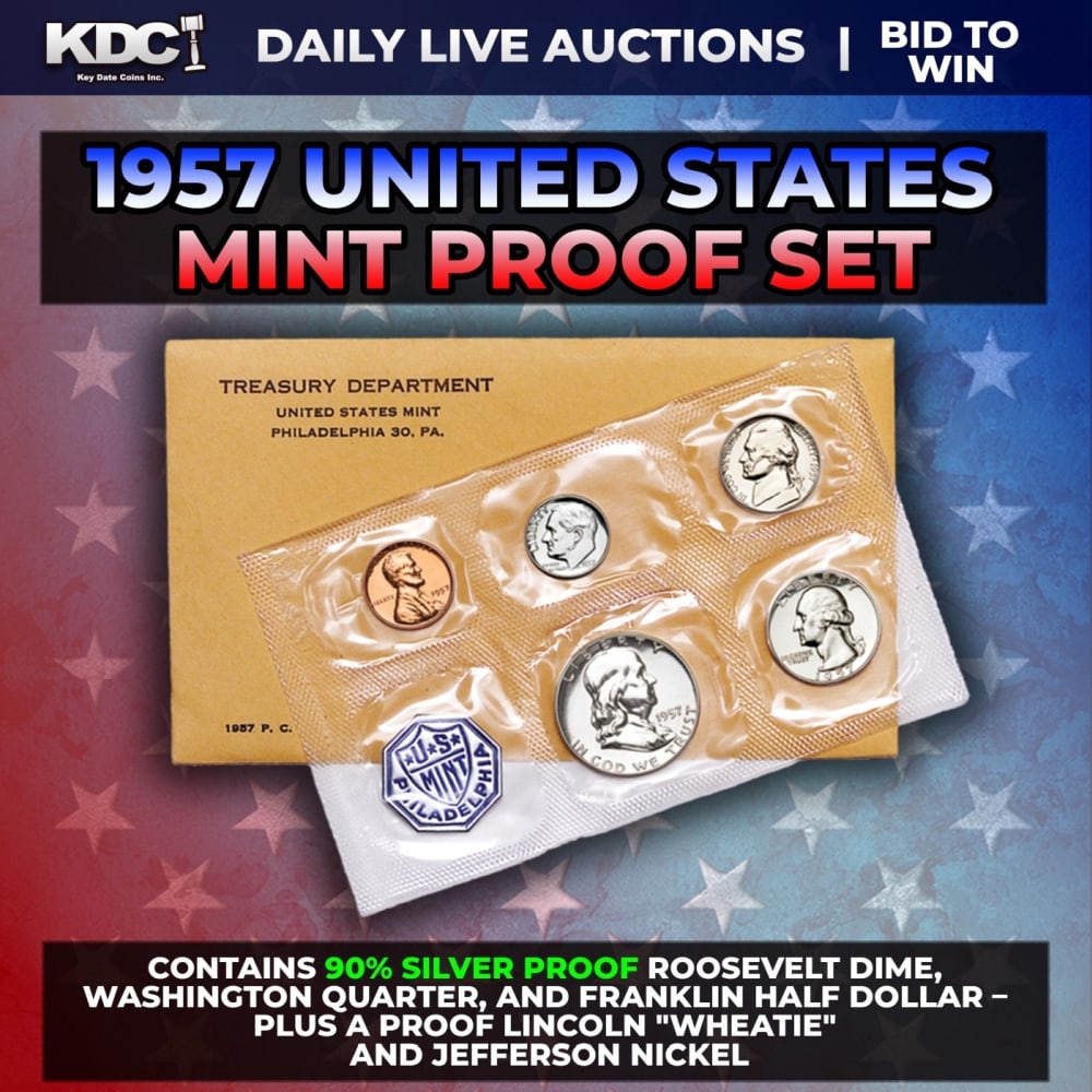 1957 United States Mint Silver Proof Set In Original Goventment Packaging, 5 Coins - Manilla (1 of 1)