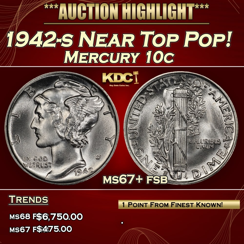 1942-s Mercury Dime Near Top Pop! 10c ms67+ fsb SEGS: 1942-s Near Top Pop! Mercury Dime 10c ms67+ fsb SEGS. 0
