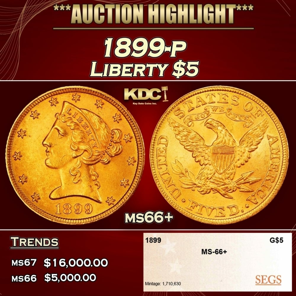 1899-p Gold Liberty Half Eagle $5 ms66+ SEGS: 1899-p Gold Liberty Half Eagle $5 ms66+ SEGS. 0