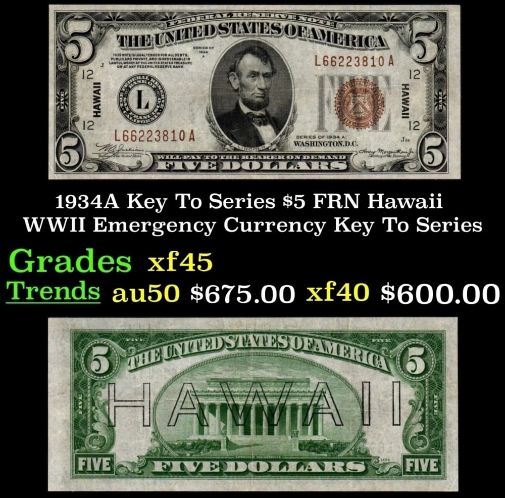 1934A $5 FRN Hawaii WWII Emergency Currency Grades xf+: 1934A $5 FRN Hawaii WWII Emergency Currency Grades xf+.