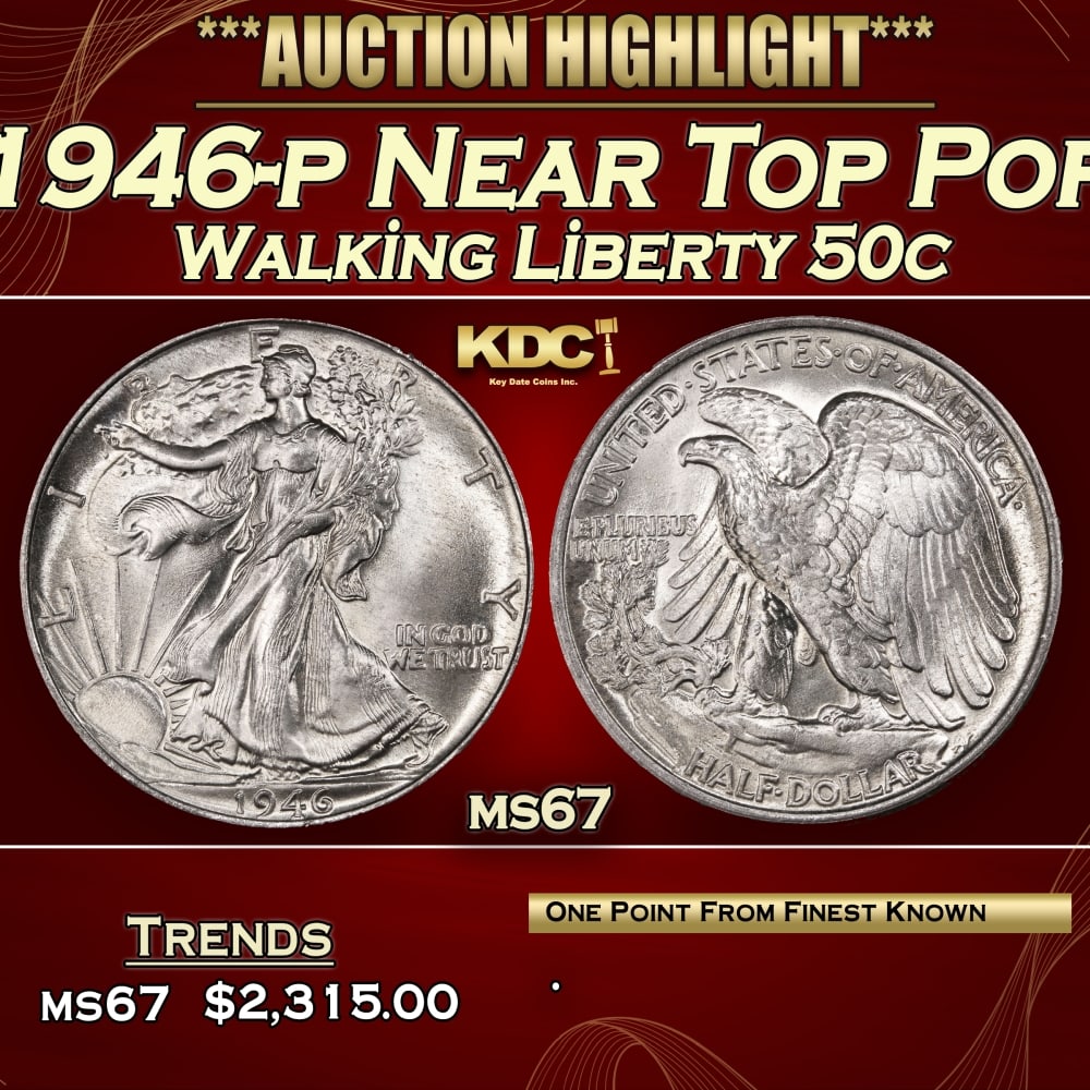 1946-p Walking Liberty Half Dollar Near Top Pop 50c ms67 SEGS: 1946-p Near Top Pop Walking Liberty Half Dollar 50c ms67 SEGS. 0