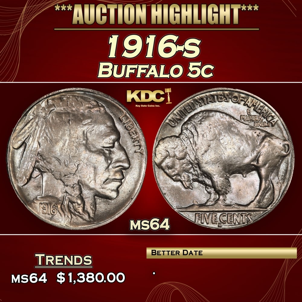 1916-s Buffalo Nickel 5c ms64 SEGS: 1916-s Buffalo Nickel 5c ms64 SEGS. A tough date. 0