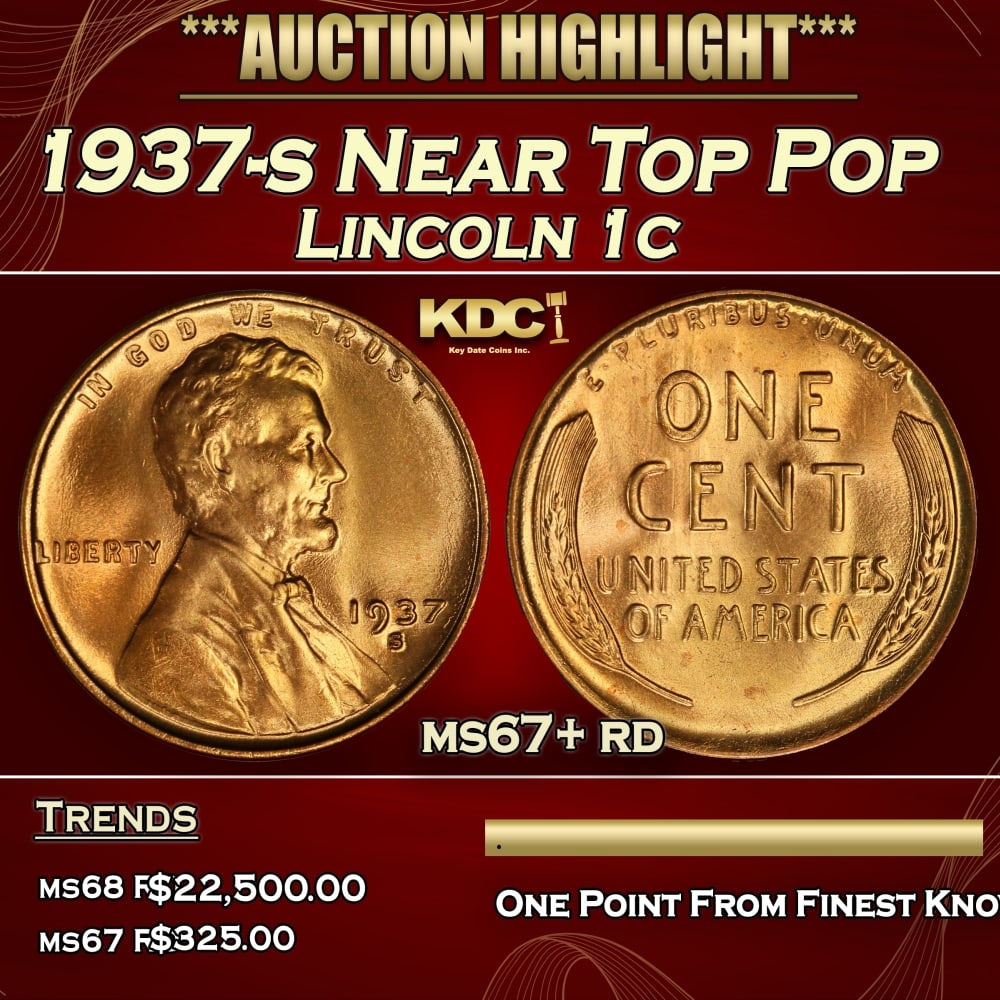 1937-s Lincoln Cent Near Top Pop 1c ms67+ rd SEGS: 1937-s Near Top Pop Lincoln Cent 1c ms67+ rd SEGS. 0