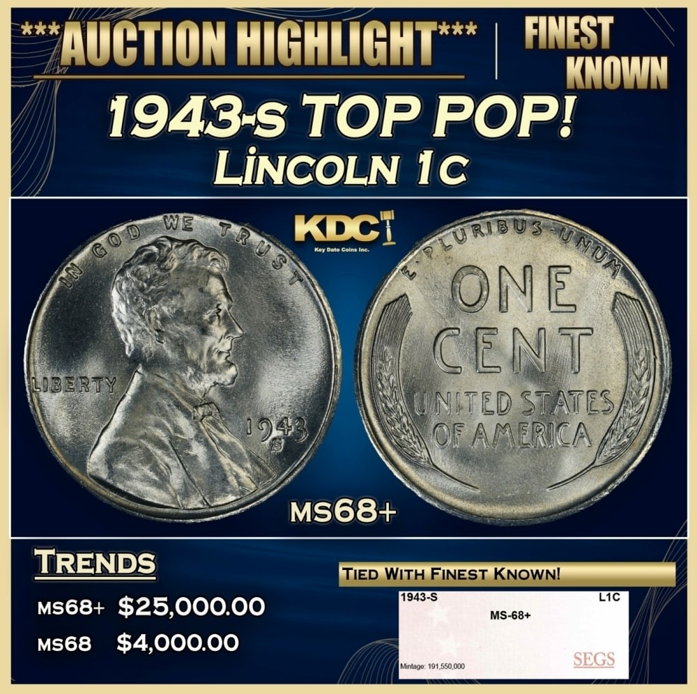 1943-s Lincoln Cent TOP POP! 1c ms68+ SEGS: 1943-s TOP POP! Lincoln Cent 1c ms68+ SEGS. One year type coin. The much heralded, "Steel" WWII cent. Great example of a favorite coin. The 1943-s Wartime issue Steel Cent. The s mint is the scarcest