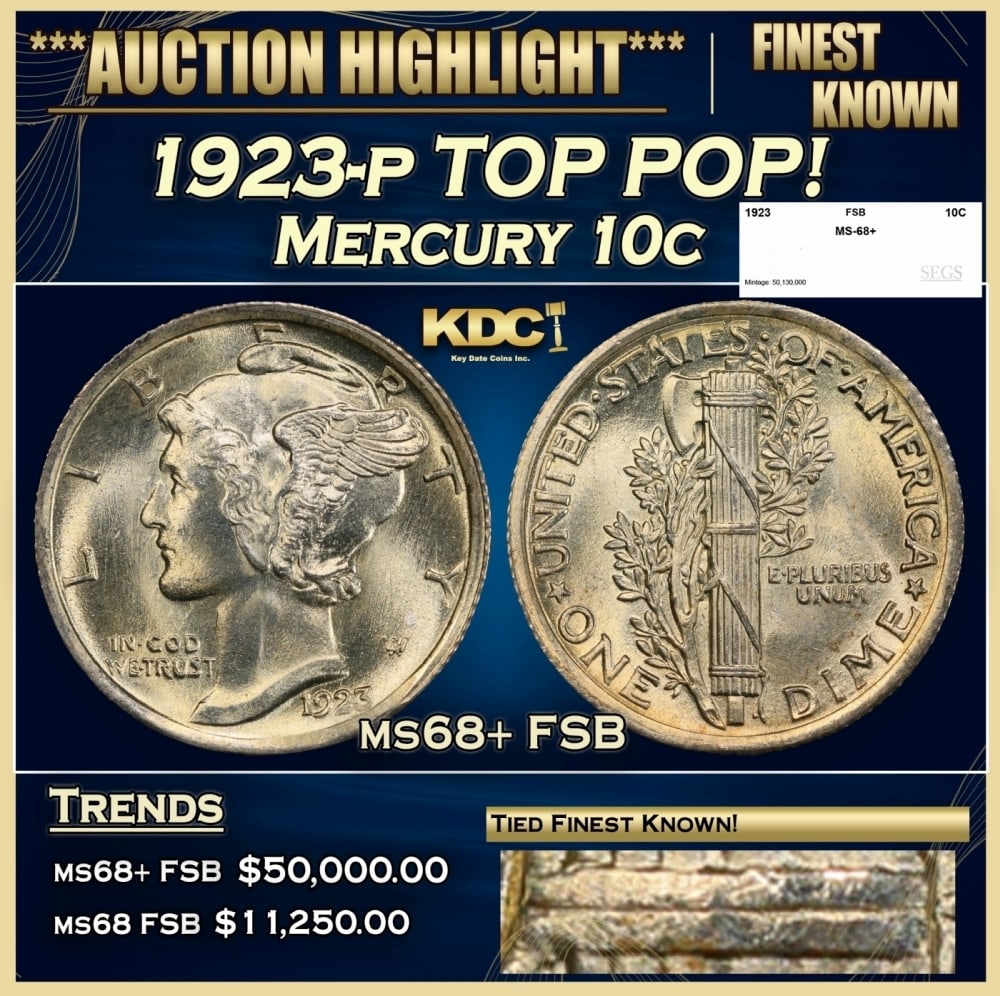1923-p Mercury Dime TOP POP! 10c ms68+ FSB SEGS (1 of 5)