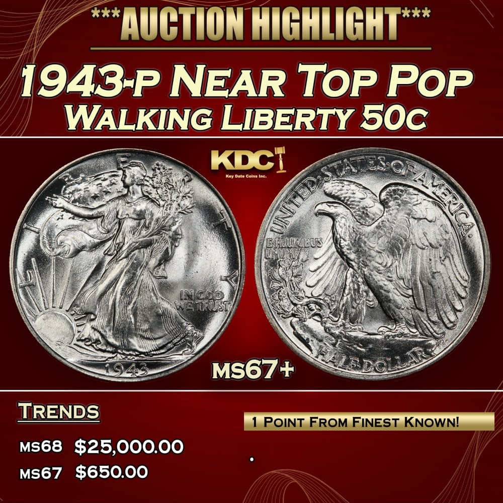 1943-p Walking Liberty Half Dollar Near Top Pop 50c ms67+ SEGS: 1943-p Near Top Pop Walking Liberty Half Dollar 50c ms67+ SEGS. 0