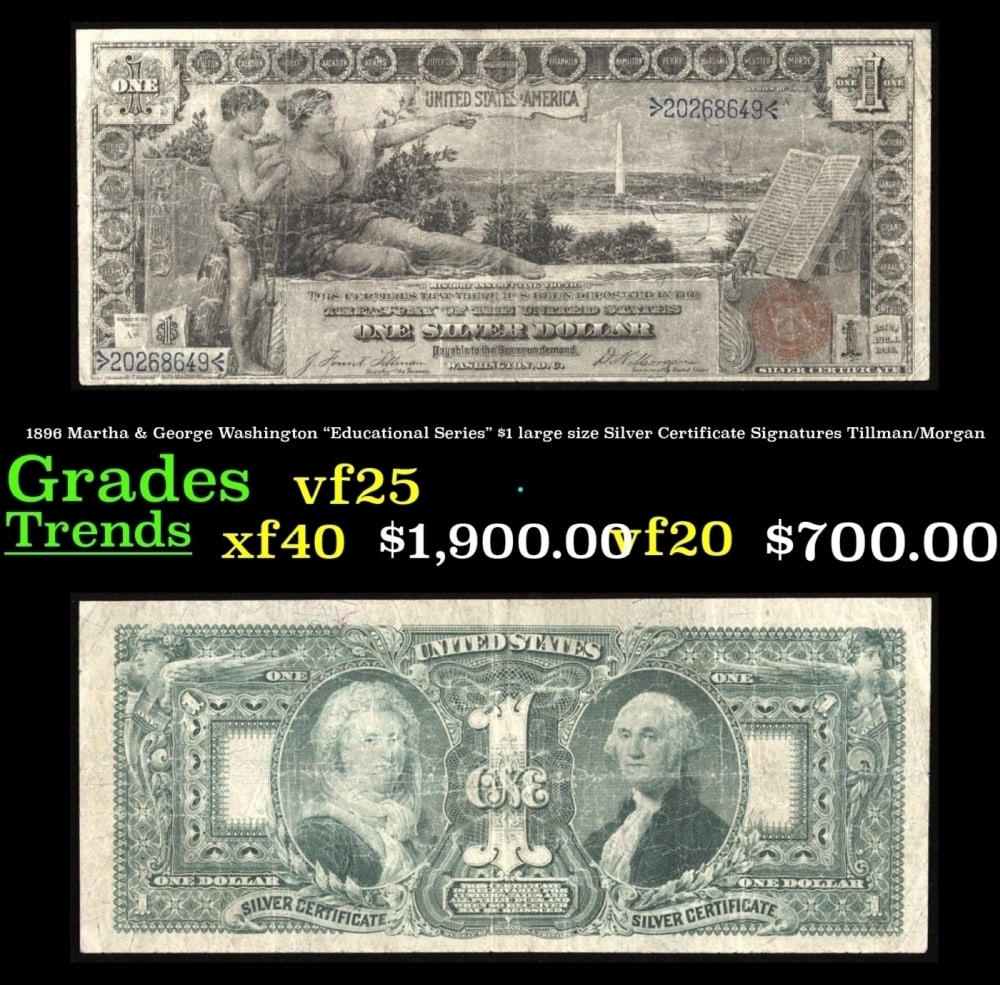 1896 Tillman/Morgan $1 large size Silver Certificate Grades vf+: 1896 Tillman/Morgan $1 large size Silver Certificate Grades vf+.