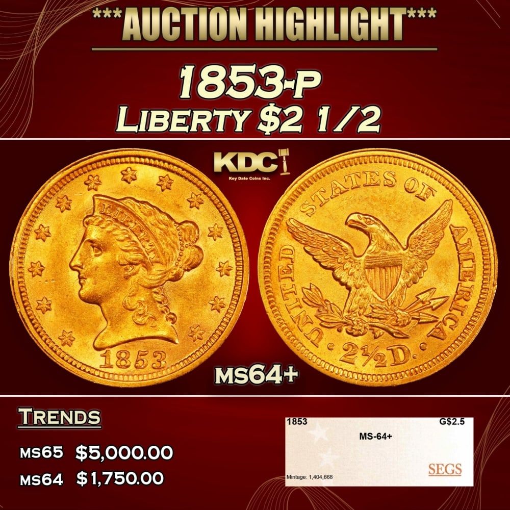 1853-p Gold Liberty Quarter Eagle $2 1/2 ms64+ SEGS (1 of 4)
