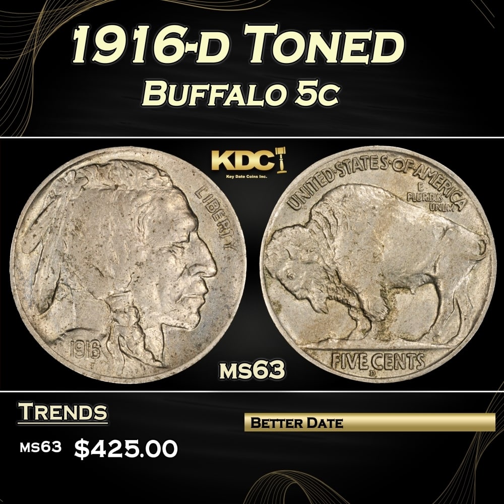 1916-d Buffalo Nickel Toned 5c Grades ms63: 1916-d Toned Buffalo Nickel 5c Grades ms63. 0