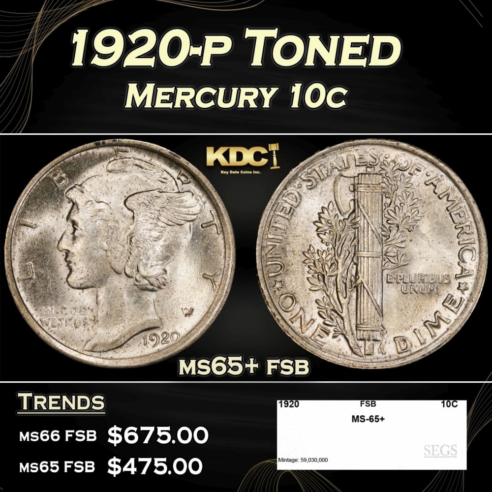 1920-p Mercury Dime Toned 10c ms65+ fsb SEGS (1 of 4)