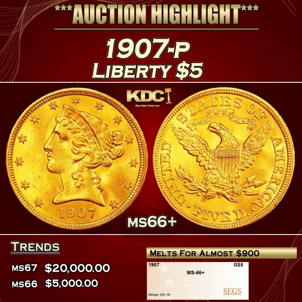 1907-p Gold Liberty Half Eagle $5 ms66+ SEGS: 1907-p Gold Liberty Half Eagle $5 ms66+ SEGS. 0