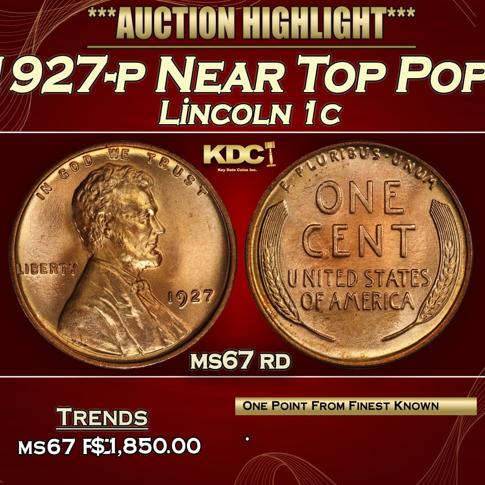 1927-p Lincoln Cent Near Top Pop! 1c ms67 rd SEGS: 1927-p Near Top Pop! Lincoln Cent 1c ms67 rd SEGS. 0