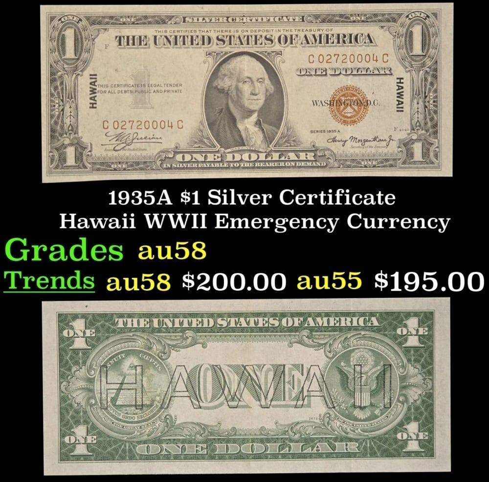 1935A $1 Silver Certificate Hawaii WWII Emergency Currency Grades Choice AU/BU Slider: 1935A $1 Silver Certificate Hawaii WWII Emergency Currency Grades Choice AU/BU Slider.