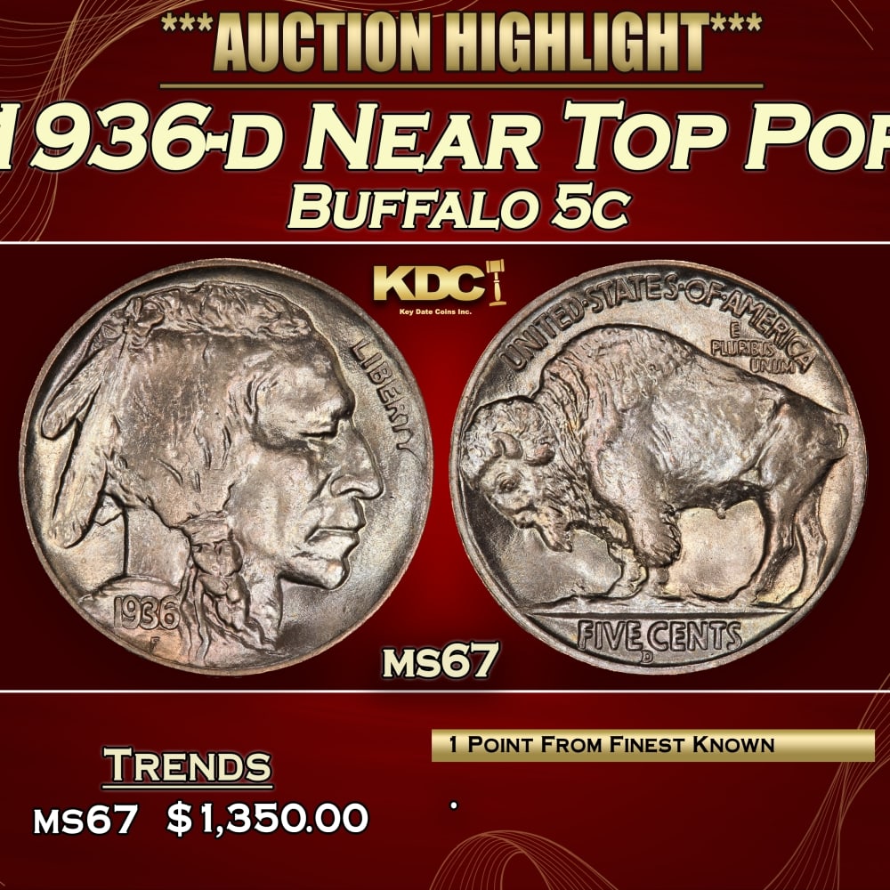1936-d Buffalo Nickel Near Top Pop 5c ms67 SEGS: 1936-d Near Top Pop Buffalo Nickel 5c ms67 SEGS. 0