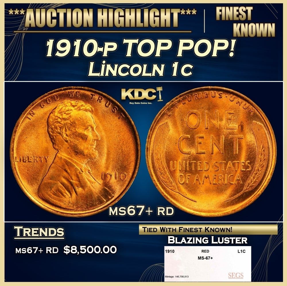 1910-p Lincoln Cent TOP POP! 1c ms67+ rd SEGS: 1910-p TOP POP! Lincoln Cent 1c ms67+ rd SEGS. 0