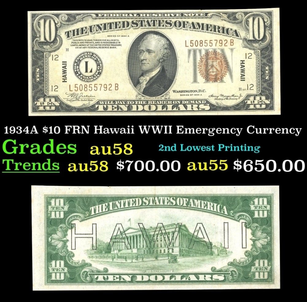 1934A $10 FRN Hawaii WWII Emergency Currency Grades Choice AU/BU Slider: 1934A $10 FRN Hawaii WWII Emergency Currency Grades Choice AU/BU Slider.