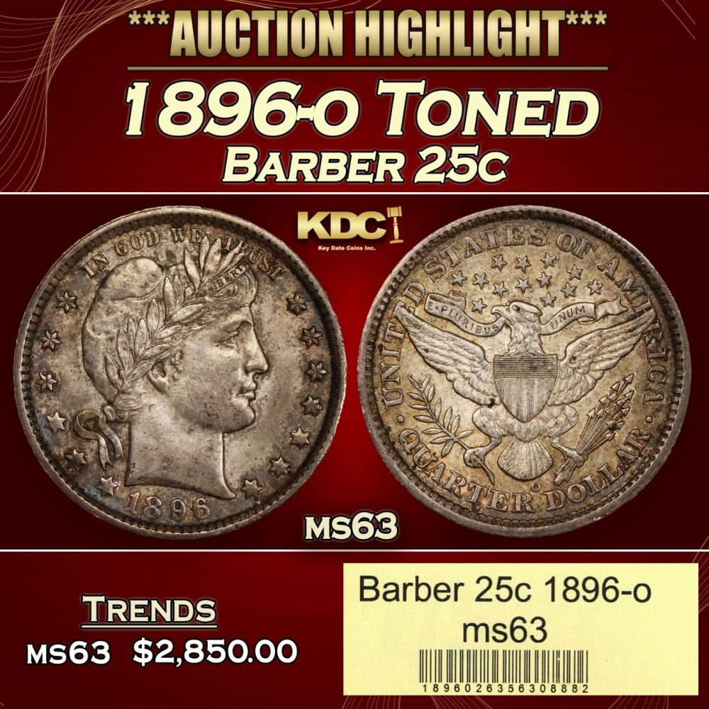1896-o Barber Quarter Toned 25c ms63 USCG (1 of 4)