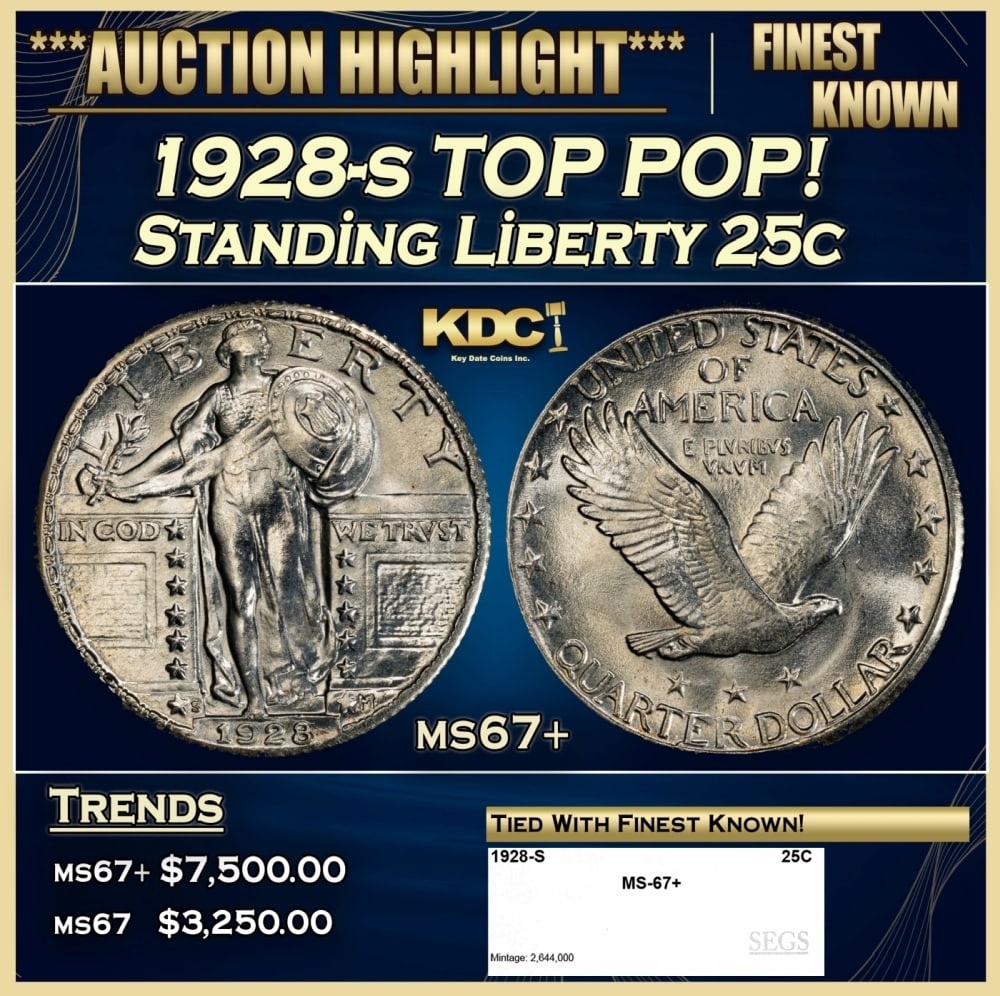 1928-s Standing Liberty Quarter TOP POP! 25c ms67+ SEGS: 1928-s TOP POP! Standing Liberty Quarter 25c ms67+ SEGS. 0