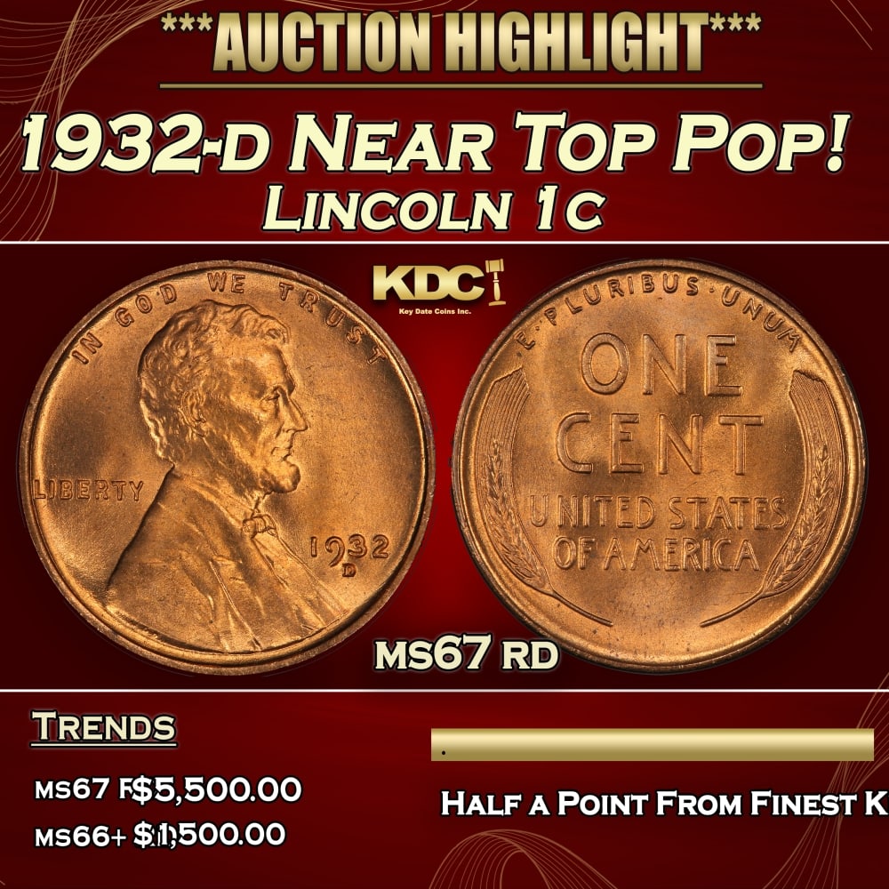 1932-d Lincoln Cent Near Top Pop! 1c ms67 rd SEGS: 1932-d Near Top Pop! Lincoln Cent 1c ms67 rd SEGS. 0