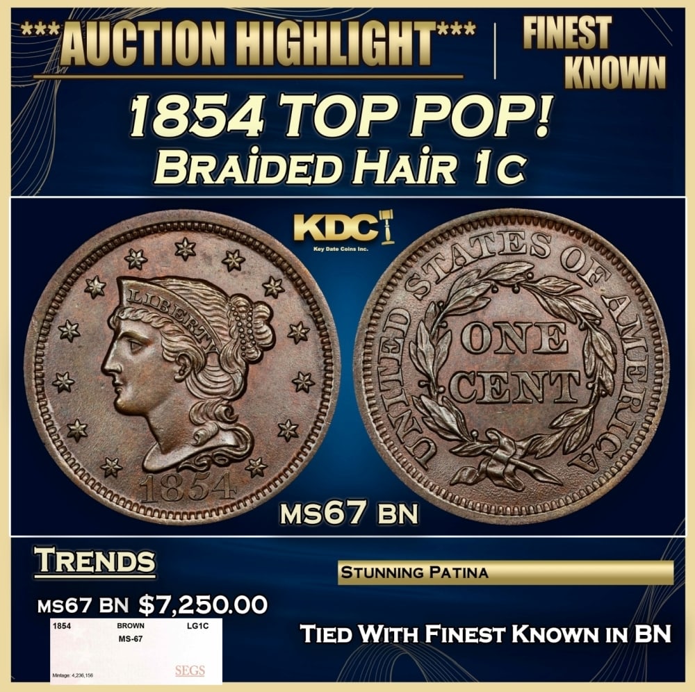 1854 Braided Hair Large Cent TOP POP! 1c ms67 bn SEGS (1 of 4)