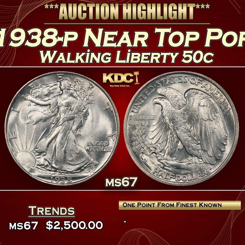1938-p Walking Liberty Half Dollar Near Top Pop 50c ms67 SEGS: 1938-p Near Top Pop Walking Liberty Half Dollar 50c ms67 SEGS. 0