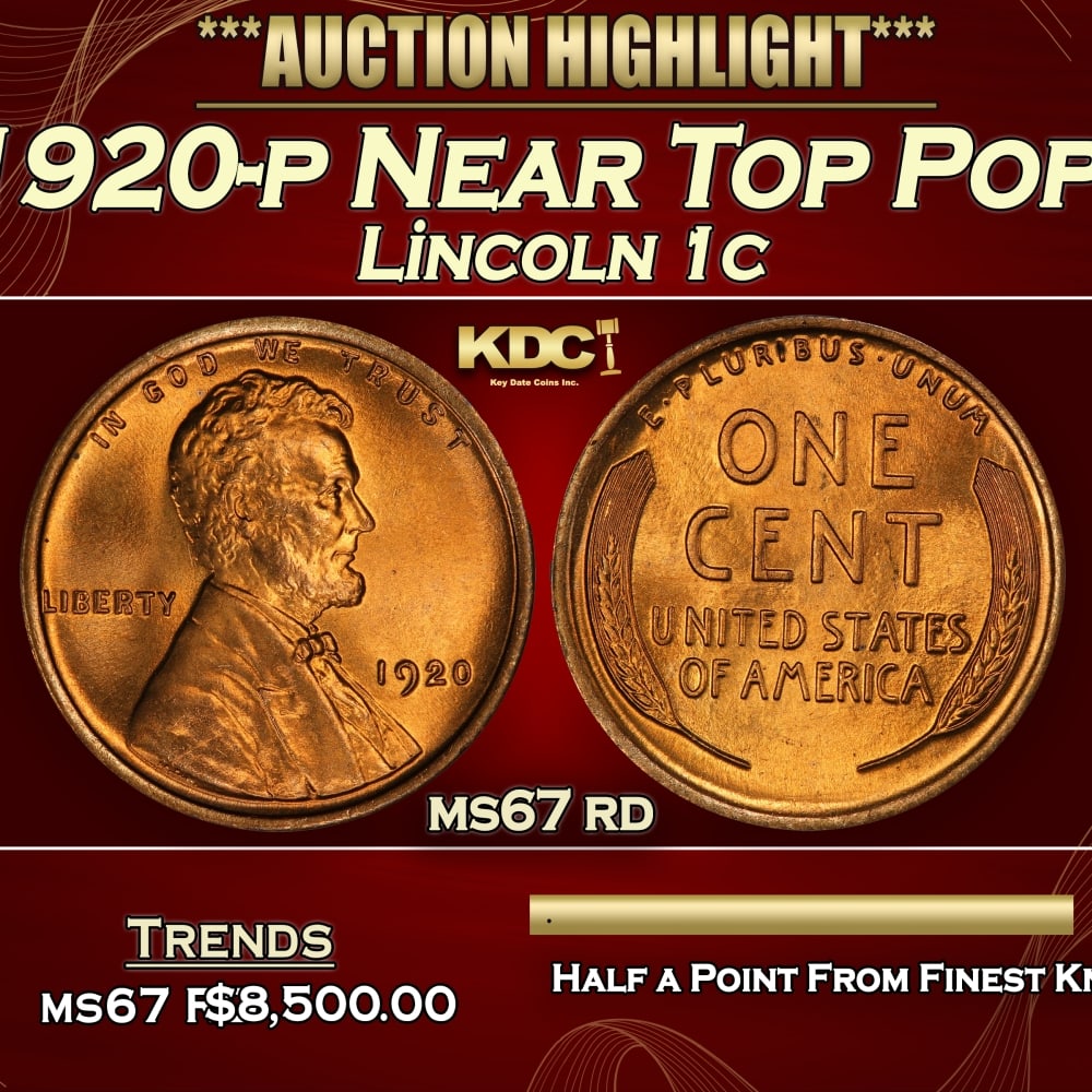 1920-p Lincoln Cent Near Top Pop! 1c ms67 rd SEGS: 1920-p Near Top Pop! Lincoln Cent 1c ms67 rd SEGS. 0