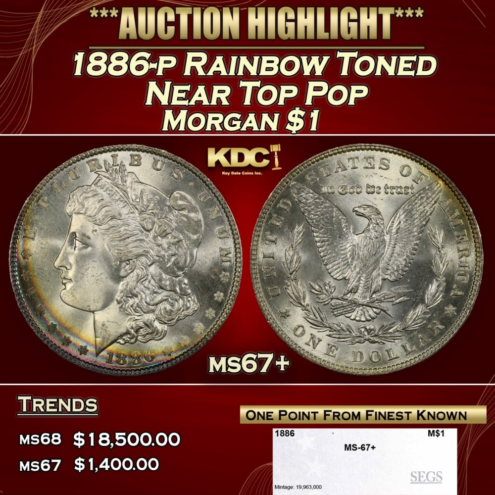 1886-p Morgan Dollar Rainbow Toned Near Top Pop $1 ms67+ SEGS: 1886-p Rainbow Toned Near Top Pop Morgan Dollar $1 ms67+ SEGS. 0
