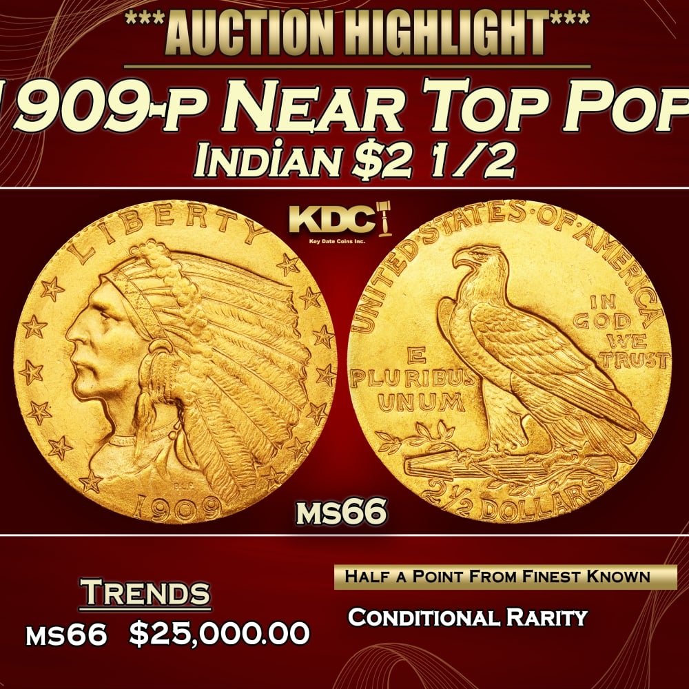 1909-p Gold Indian Quarter Eagle Near Top Pop! $2 1/2 ms66 USCG: 1909-p Near Top Pop! Gold Indian Quarter Eagle $2 1/2 ms66 USCG. The sunken relief of Bela Lyon Pratt's Indian quarter eagle design was a first on circulating U.S. coinage. The design lacked a protect