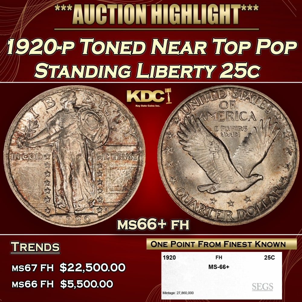 1920-p Standing Liberty Quarter Toned Near Top Pop 25c ms66+ fh SEGS: 1920-p Toned Near Top Pop Standing Liberty Quarter 25c ms66+ fh SEGS. 0