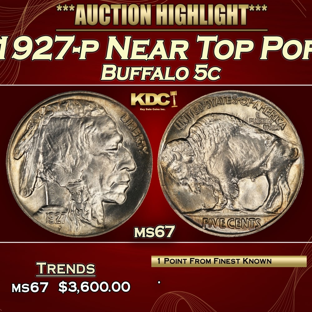 1927-p Buffalo Nickel Near Top Pop 5c ms67 SEGS: 1927-p Near Top Pop Buffalo Nickel 5c ms67 SEGS. 0