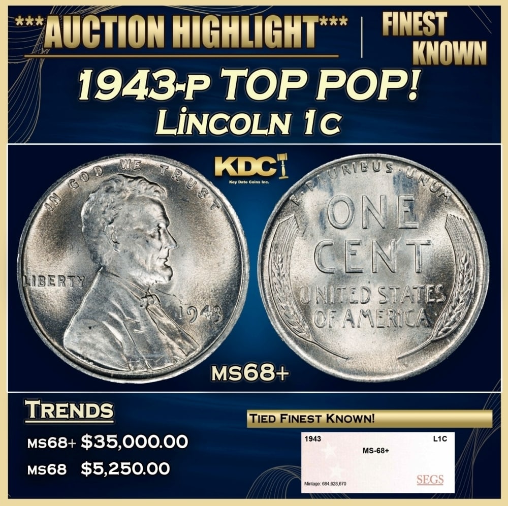 1943-p Lincoln Cent TOP POP! 1c ms68+ SEGS: 1943-p TOP POP! Lincoln Cent 1c ms68+ SEGS. One year type coin. The much heralded, "Steel" WWII cent. Great example of a favorite coin. The 1943-p Wartime issue Steel Cent.
