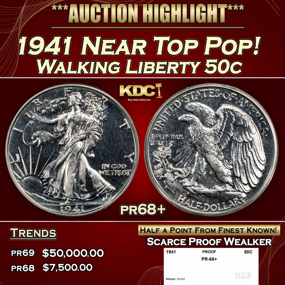 1941 Proof Walking Liberty Half Dollar Near Top Pop! 50c pr68+ SEGS: 1941 Near Top Pop! Walking Liberty Half Dollar 50c pr68+ SEGS. 0
