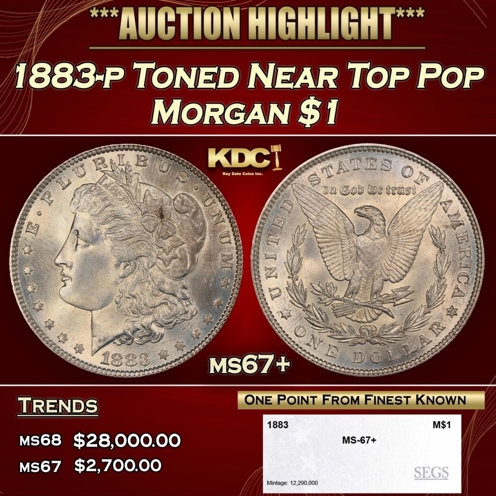 1883-p Morgan Dollar Toned Near Top Pop $1 ms67+ SEGS: 1883-p Toned Near Top Pop Morgan Dollar $1 ms67+ SEGS. 0