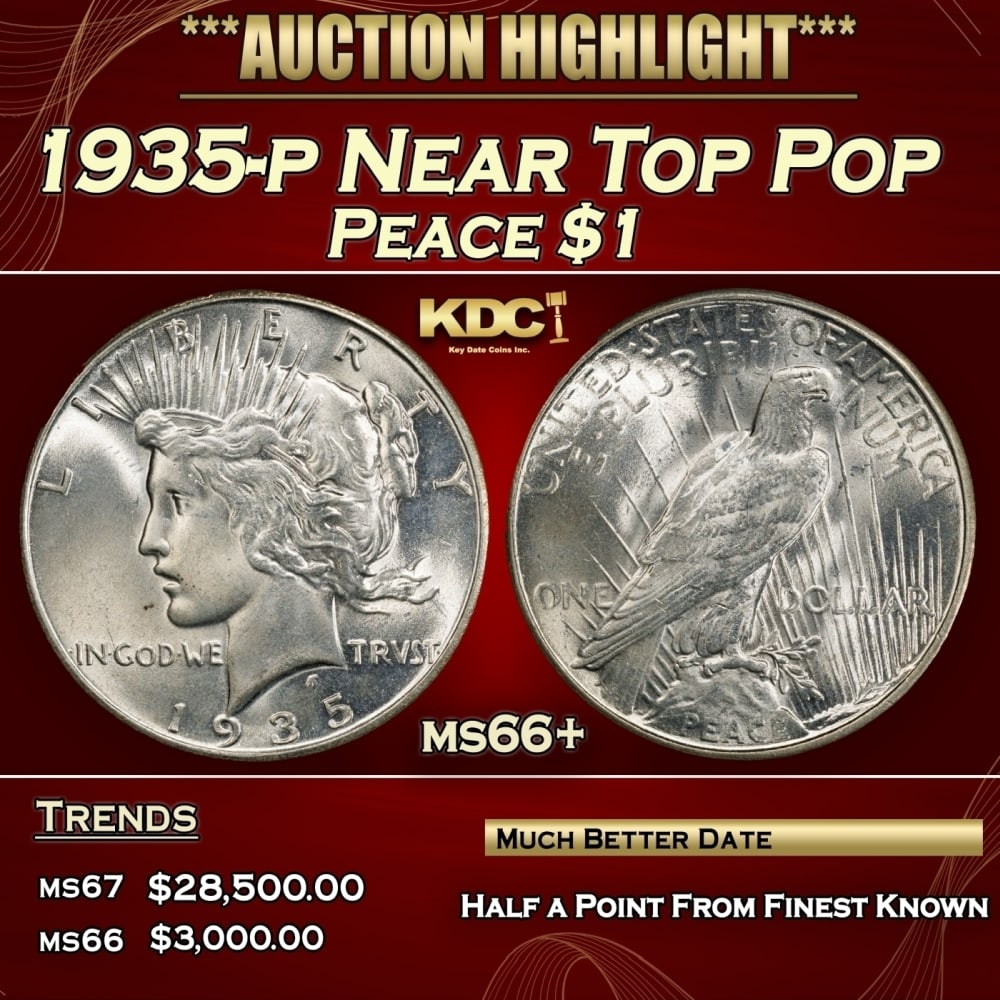1935-p Peace Dollar Near Top Pop $1 ms66+ SEGS: 1935-p Near Top Pop Peace Dollar $1 ms66+ SEGS. 0