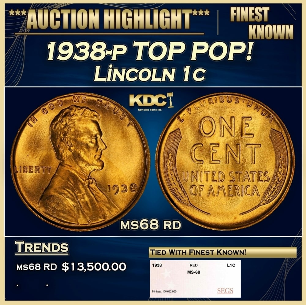 1938-p Lincoln Cent TOP POP! 1c ms68 rd SEGS: 1938-p TOP POP! Lincoln Cent 1c ms68 rd SEGS.