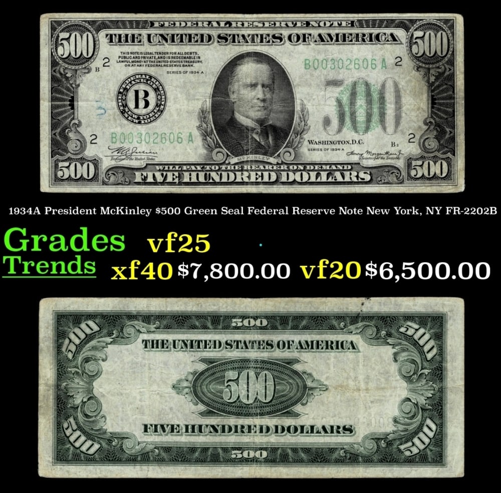 1934A FR-2202B $500 Green Seal Federal Reserve Note Grades vf+ (1 of 3)