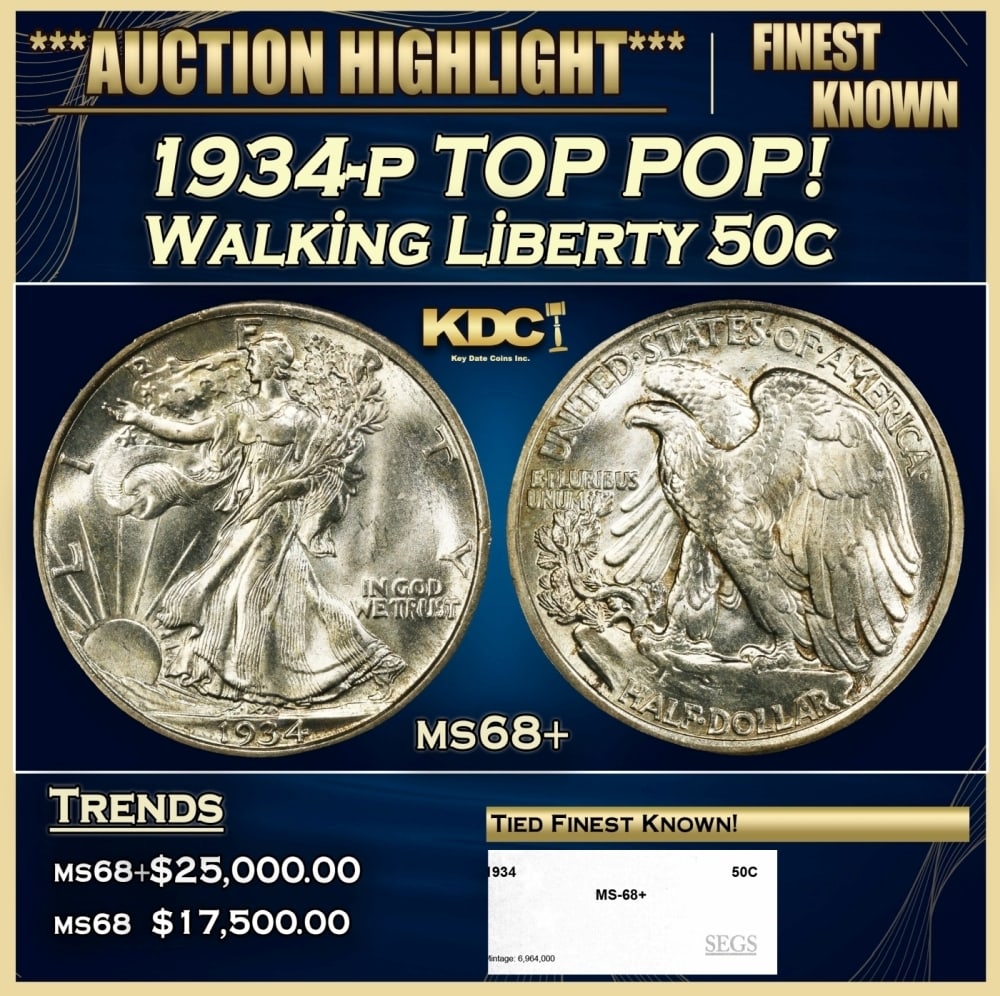 1934-p Walking Liberty Half Dollar TOP POP! 50c ms68+ SEGS: 1934-p TOP POP! Walking Liberty Half Dollar 50c ms68+ SEGS. 0