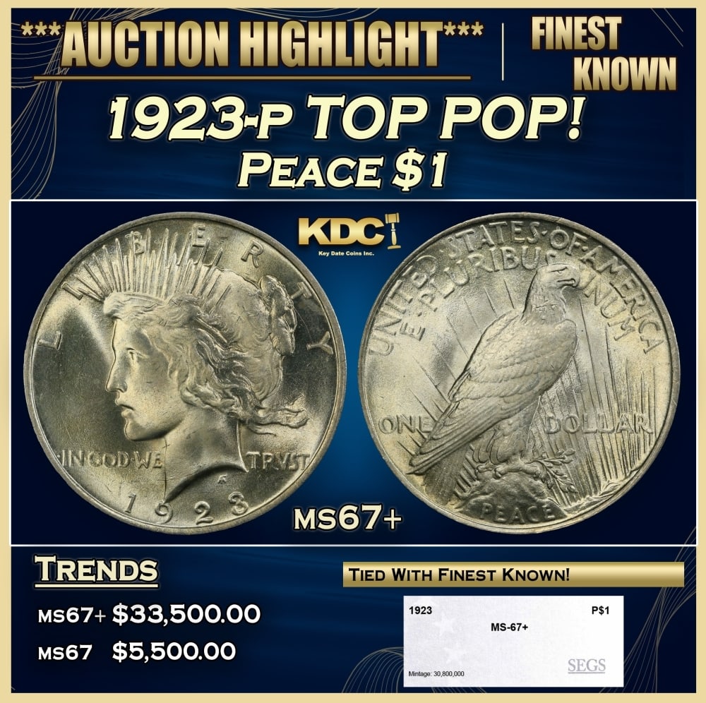 1923-p Peace Dollar TOP POP! $1 ms67+ SEGS: 1923-p TOP POP! Peace Dollar $1 ms67+ SEGS. 0