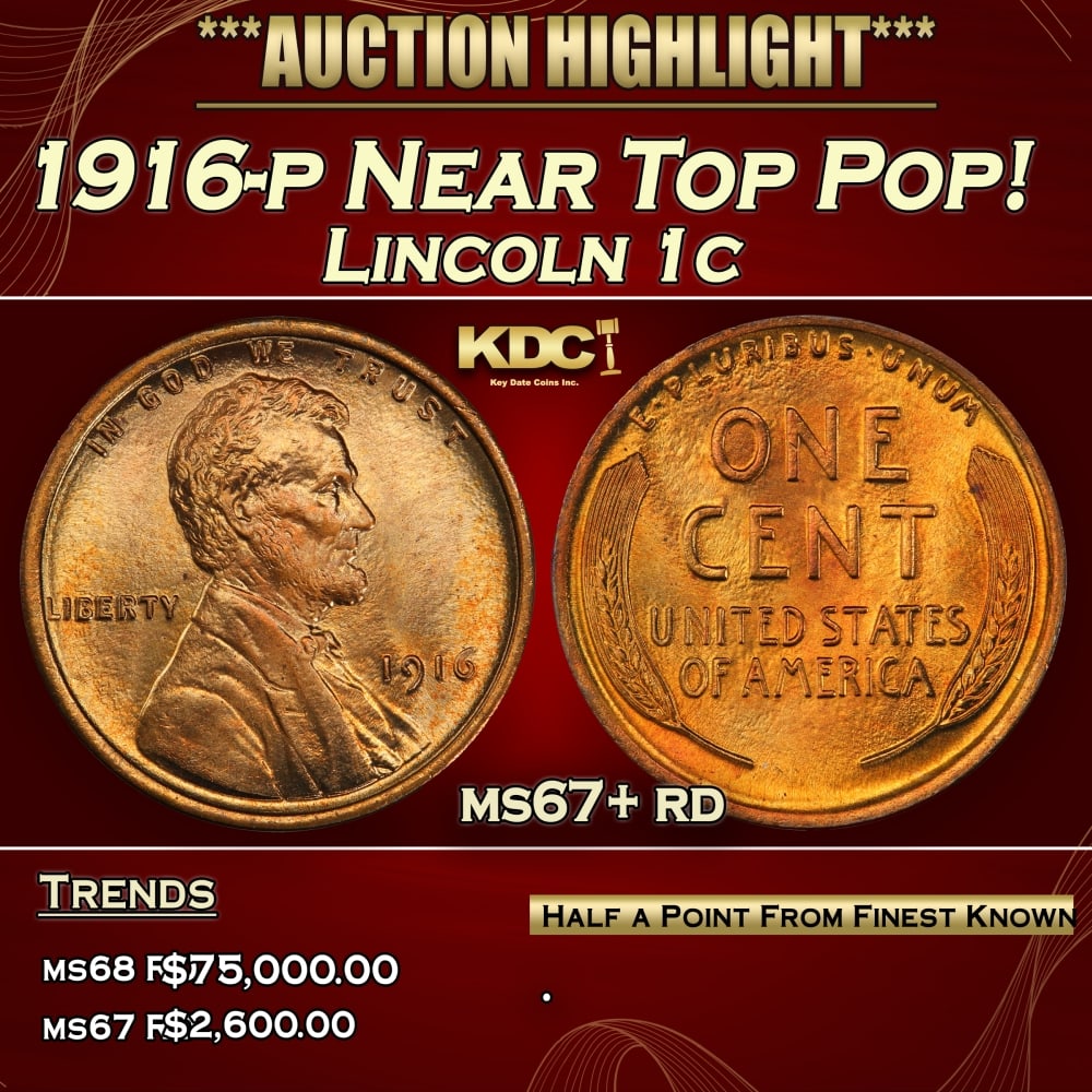 1916-p Lincoln Cent Near Top Pop! 1c ms67+ rd SEGS: 1916-p Near Top Pop! Lincoln Cent 1c ms67+ rd SEGS. 0
