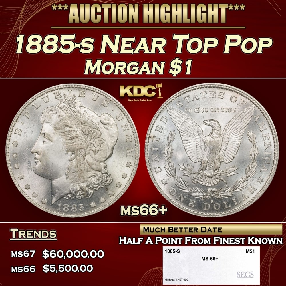 1885-s Morgan Dollar Near Top Pop $1 ms66+ SEGS: 1885-s Near Top Pop Morgan Dollar $1 ms66+ SEGS. 0