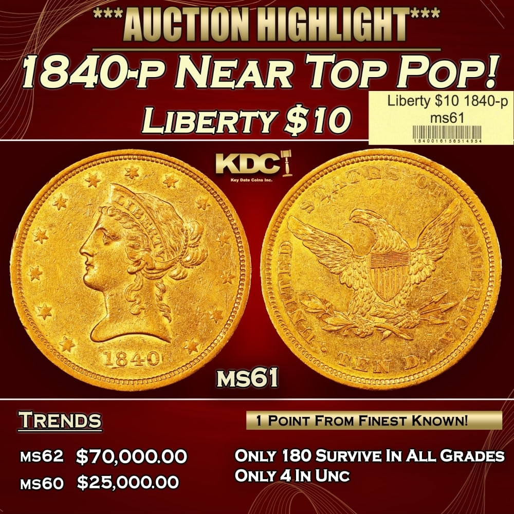1840-p Gold Liberty Eagle Near Top Pop! $10 ms61 USCG: 1840-p Near Top Pop! Gold Liberty Eagle $10 ms61 USCG. 0