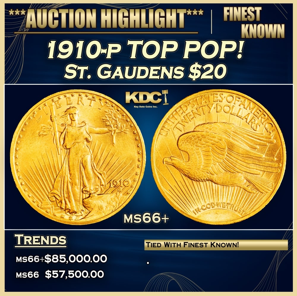 1910-p Gold St. Gaudens Double Eagle TOP POP! $20 ms66+ SEGS: 1910-p TOP POP! Gold St. Gaudens Double Eagle $20 ms66+ SEGS. 0
