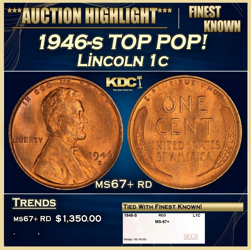 1946-s Lincoln Cent TOP POP! 1c ms67+ rd SEGS: 1946-s TOP POP! Lincoln Cent 1c ms67+ rd SEGS. 0